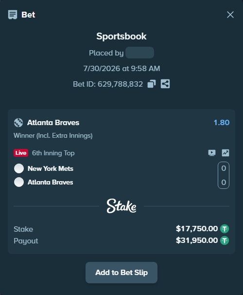 Bet slip: New York Mets - Atlanta Braves, $17,767.75 stake at 1.80 odds, placed by Oskarlindt
