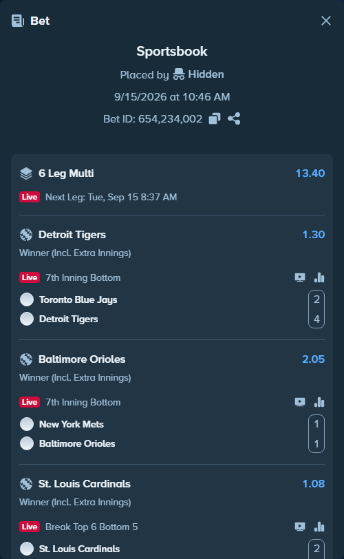 Bet slip: New York Mets - Baltimore Orioles, $30,000.00 stake at 2.05 odds, placed by Hidden