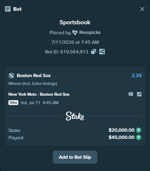Bet slip: New York Mets - Boston Red Sox, $20,020.00 stake at 2.25 odds, placed by Rosspicks