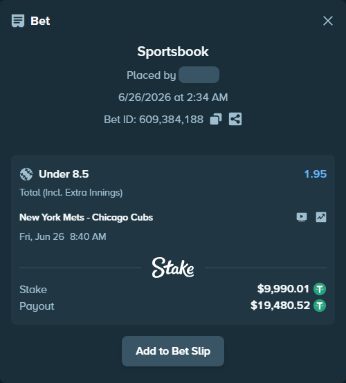 Bet slip: New York Mets - Chicago Cubs, $10,000.00 stake at 1.95 odds, placed by zhanjinkun