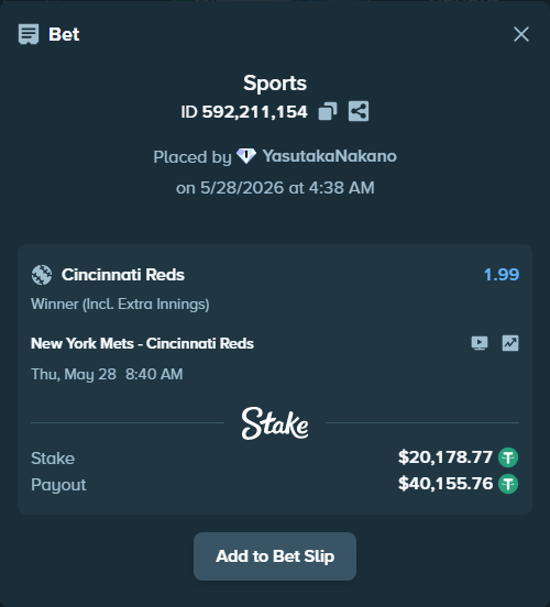 Bet slip: New York Mets - Cincinnati Reds, $20,219.13 stake at 1.99 odds, placed by YasutakaNakano