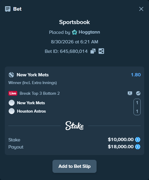 Bet slip: New York Mets - Houston Astros, $10,000.00 stake at 1.80 odds, placed by Hoggtann