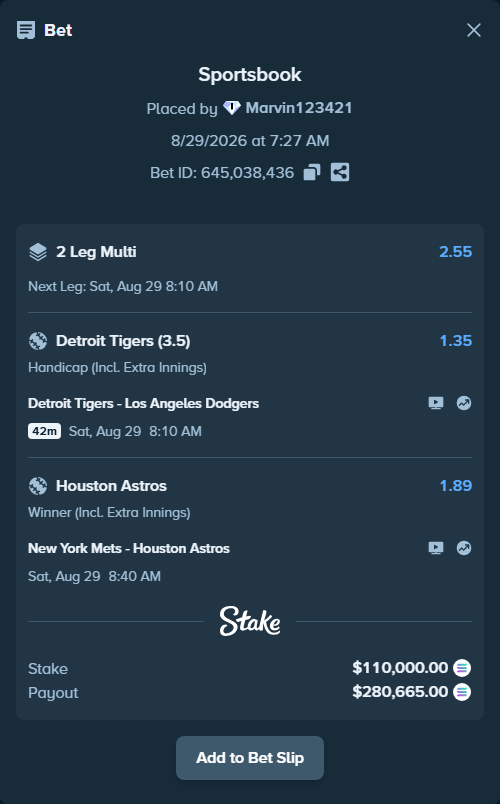 Bet slip: New York Mets - Houston Astros, $110,369.05 stake at 1.89 odds, placed by Marvin123421