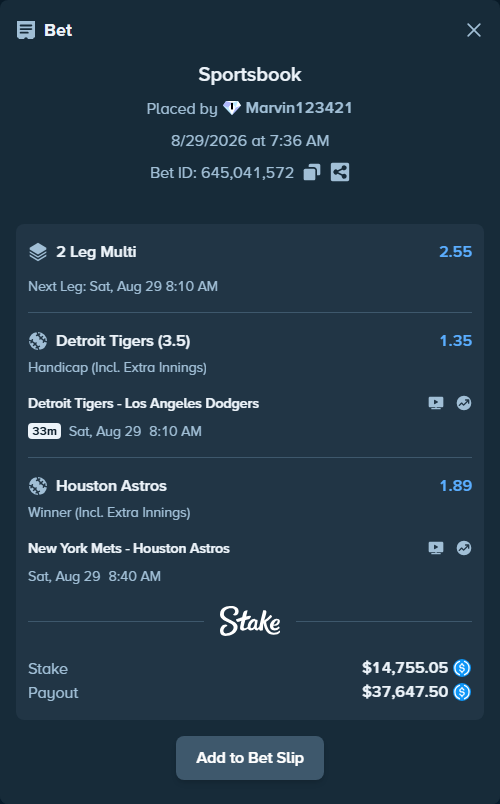 Bet slip: New York Mets - Houston Astros, $14,755.05 stake at 1.89 odds, placed by Marvin123421