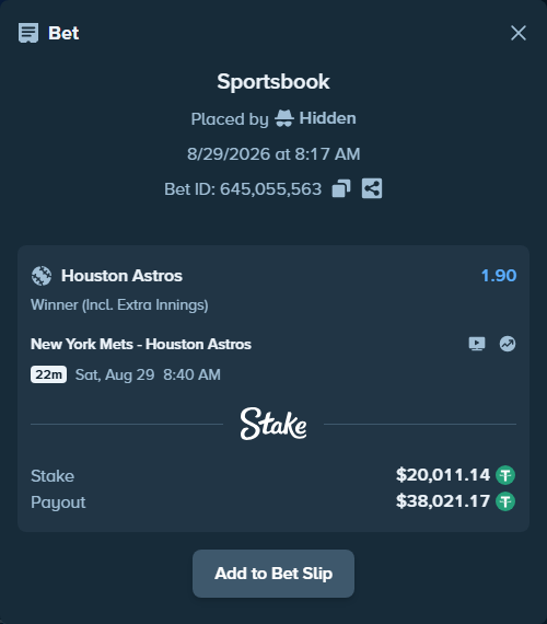 Bet slip: New York Mets - Houston Astros, $20,011.14 stake at 1.90 odds, placed by Hidden