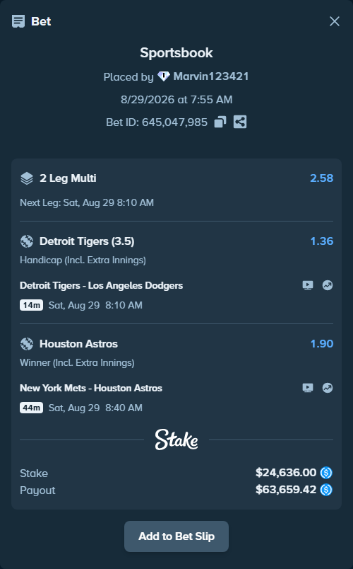 Bet slip: New York Mets - Houston Astros, $24,636.00 stake at 1.90 odds, placed by Marvin123421