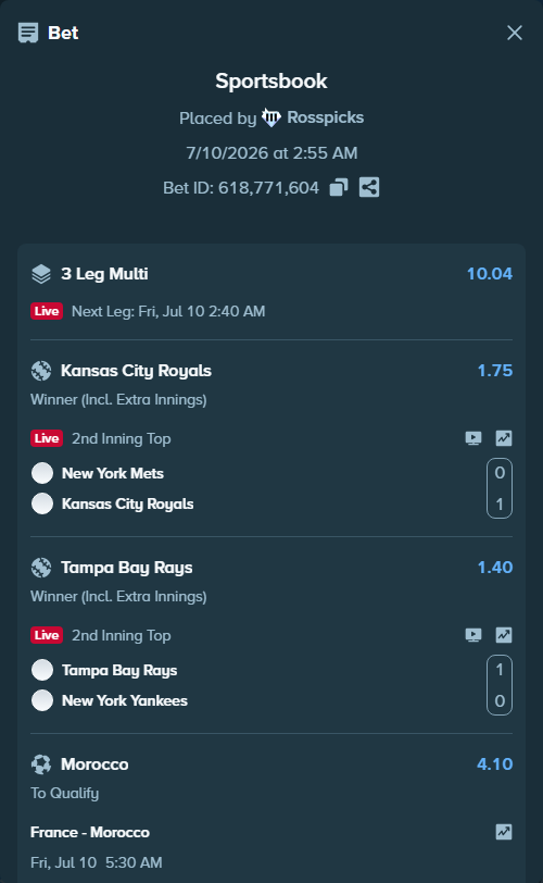Bet slip: New York Mets - Kansas City Royals, $10,014.00 stake at 1.75 odds, placed by Rosspicks
