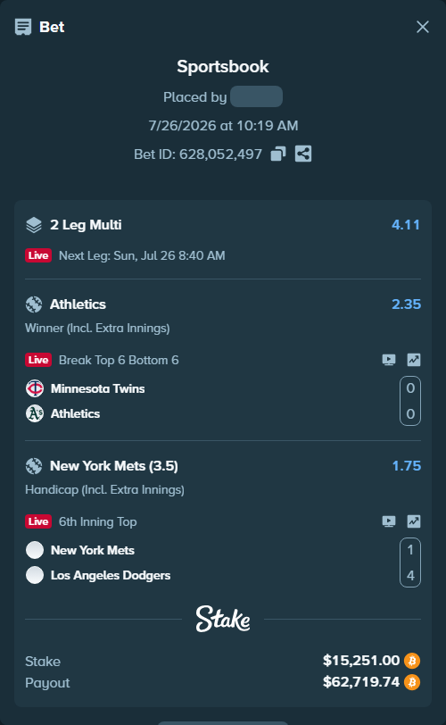 Bet slip: New York Mets - Los Angeles Dodgers, $15,244.82 stake at 1.75 odds, placed by Marvin123421