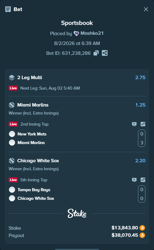 Bet slip: New York Mets - Miami Marlins, $14,221.10 stake at 1.25 odds, placed by Mashko21