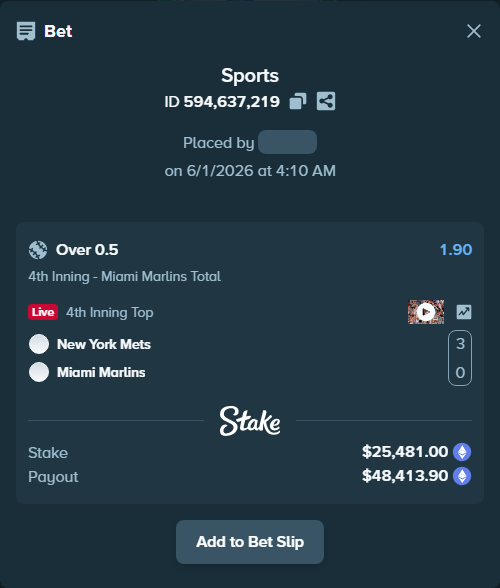 Bet slip: New York Mets - Miami Marlins, $22,087.27 stake at 1.90 odds, placed by azosuka