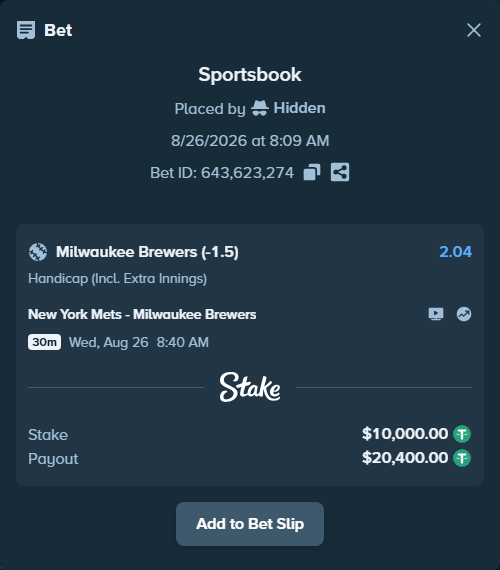 Bet slip: New York Mets - Milwaukee Brewers, $10,000.00 stake at 2.04 odds, placed by Grupotheking