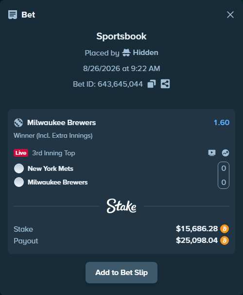 Bet slip: New York Mets - Milwaukee Brewers, $15,790.60 stake at 1.60 odds, placed by Hidden