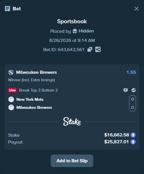 Bet slip: New York Mets - Milwaukee Brewers, $16,752.41 stake at 1.55 odds, placed by Hidden