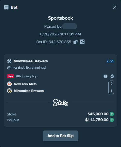 Bet slip: New York Mets - Milwaukee Brewers, $45,000.00 stake at 2.55 odds, placed by ayoflasher