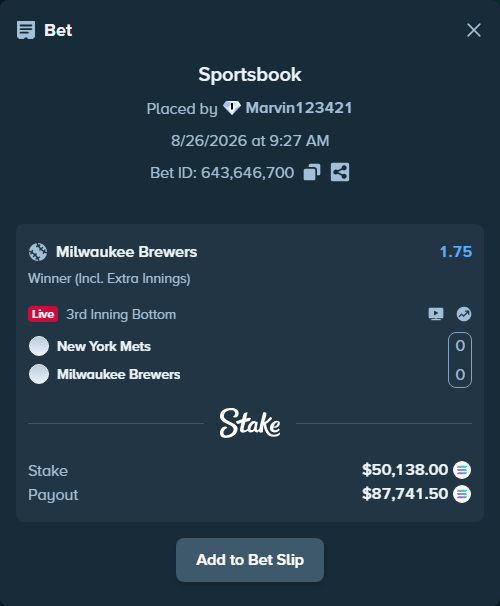Bet slip: New York Mets - Milwaukee Brewers, $50,284.15 stake at 1.75 odds, placed by Marvin123421