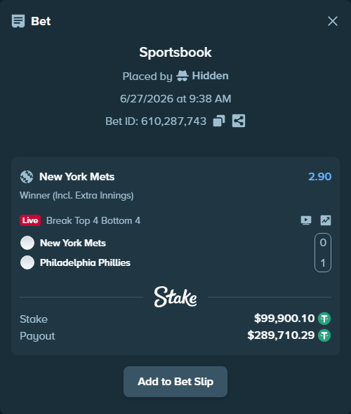 Bet slip: New York Mets - Philadelphia Phillies, $100,000.00 stake at 2.90 odds, placed by Hidden