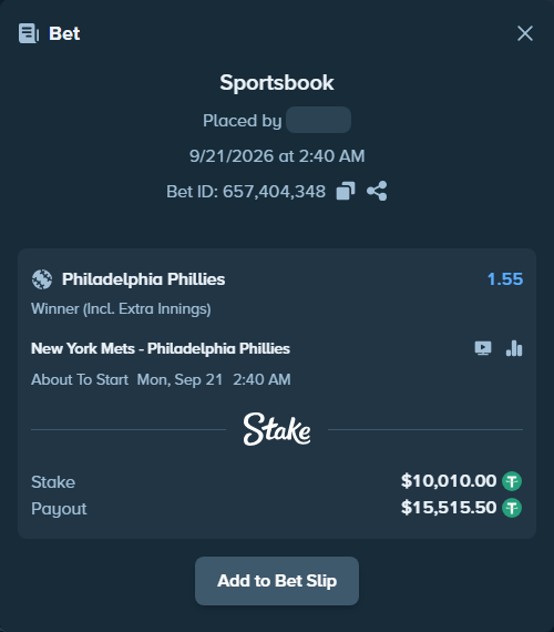 Bet slip: New York Mets - Philadelphia Phillies, $10,010.00 stake at 1.55 odds, placed by nandonzr