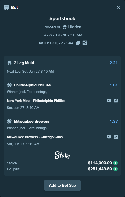 Bet slip: New York Mets - Philadelphia Phillies, $114,114.00 stake at 1.61 odds, placed by Hidden