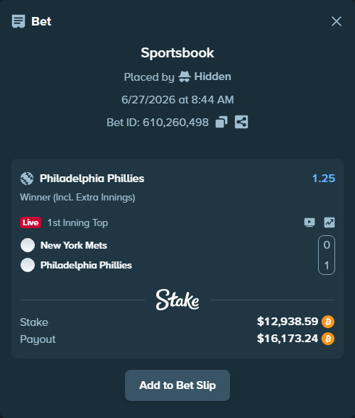 Bet slip: New York Mets - Philadelphia Phillies, $13,304.82 stake at 1.25 odds, placed by Hidden