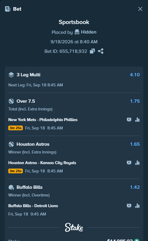 Bet slip: New York Mets - Philadelphia Phillies, $15,000.00 stake at 1.75 odds, placed by Hidden