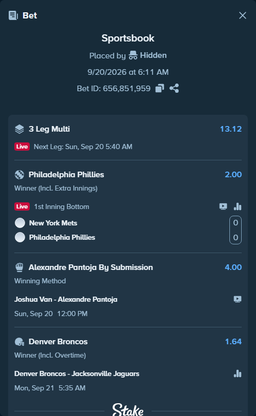 Bet slip: New York Mets - Philadelphia Phillies, $25,000.00 stake at 2.00 odds, placed by Hidden
