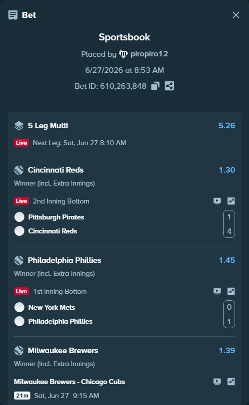 Bet slip: New York Mets - Philadelphia Phillies, $25,236.26 stake at 1.45 odds, placed by piropiro12