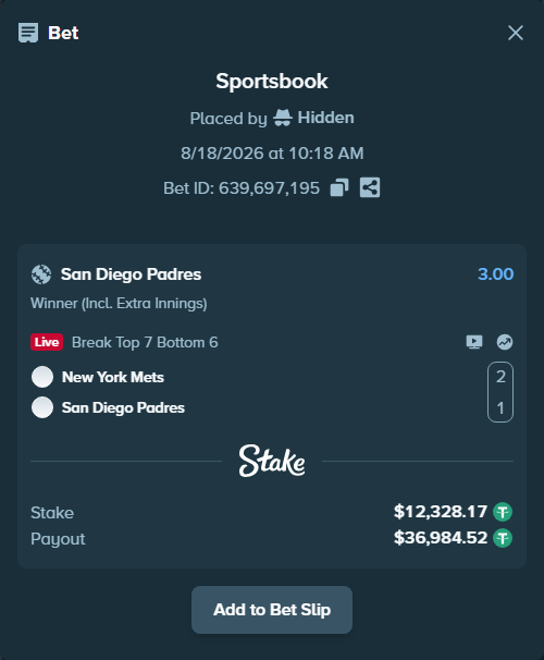 Bet slip: New York Mets - San Diego Padres, $12,340.50 stake at 3.00 odds, placed by Hidden