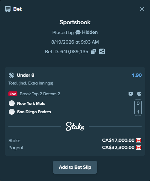 Bet slip: New York Mets - San Diego Padres, $12,580.00 stake at 1.90 odds, placed by Hidden