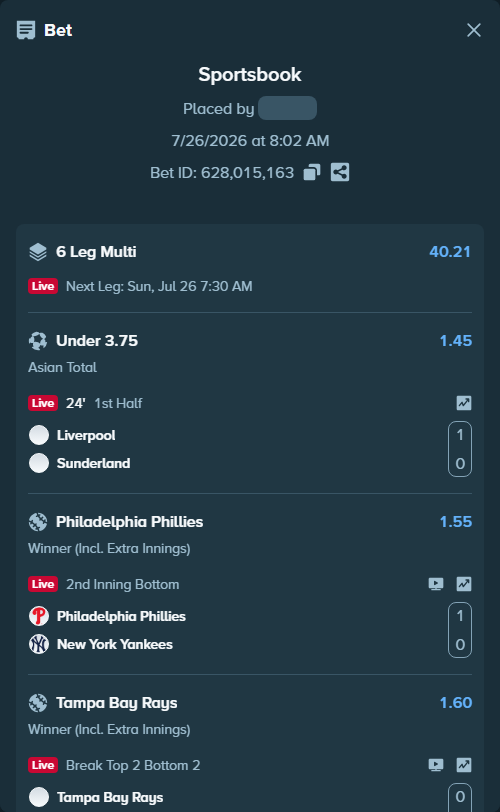 Bet slip: New York Red Bulls - Charlotte, $39,983.80 stake at 2.10 odds, placed by JanSilas
