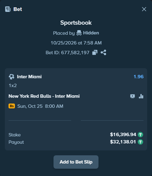Bet slip: New York Red Bulls - Inter Miami, $16,413.34 stake at 1.96 odds, placed by Pelumi0075