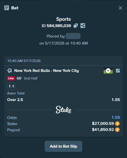 Bet slip: New York Red Bulls - New York City, $22,200.84 stake at 1.55 odds, placed by ninafreak