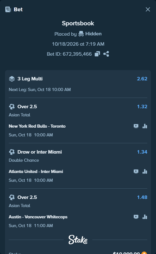 Bet slip: New York Red Bulls - Toronto, $10,049.38 stake at 1.32 odds, placed by Jan2342