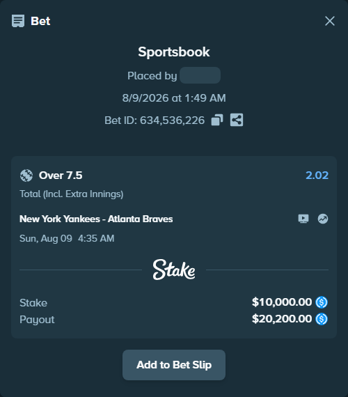 Bet slip: New York Yankees - Atlanta Braves, $10,000.00 stake at 2.02 odds, placed by reggieewellq