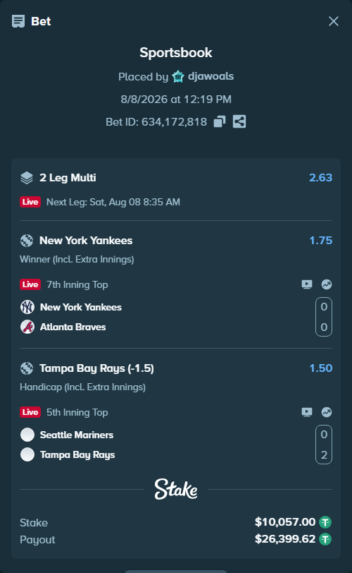 Bet slip: New York Yankees - Atlanta Braves, $10,067.06 stake at 1.75 odds, placed by djawoals