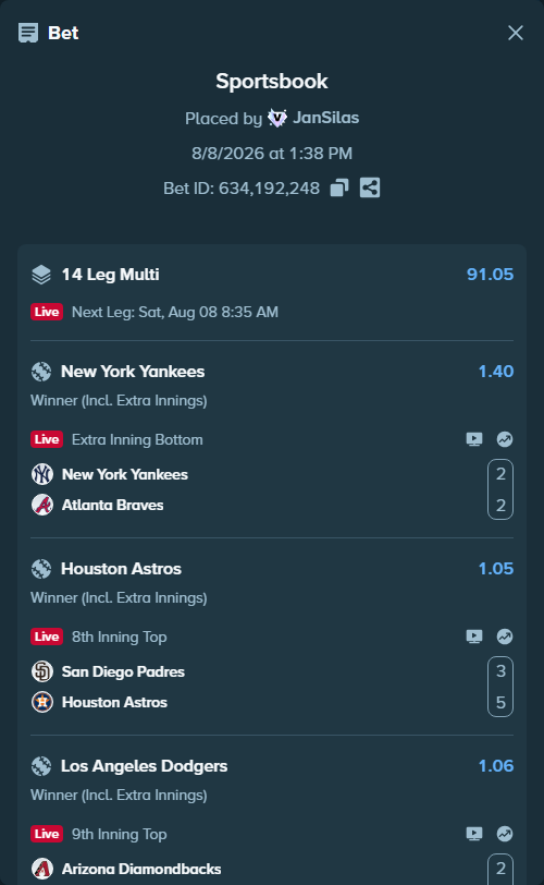 Bet slip: New York Yankees - Atlanta Braves, $20,682.33 stake at 1.40 odds, placed by JanSilas