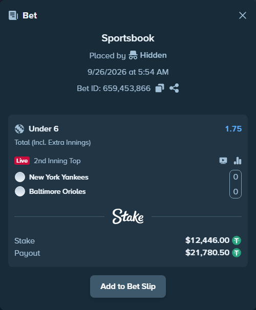 Bet slip: New York Yankees - Baltimore Orioles, $12,446.00 stake at 1.75 odds, placed by fhv166151