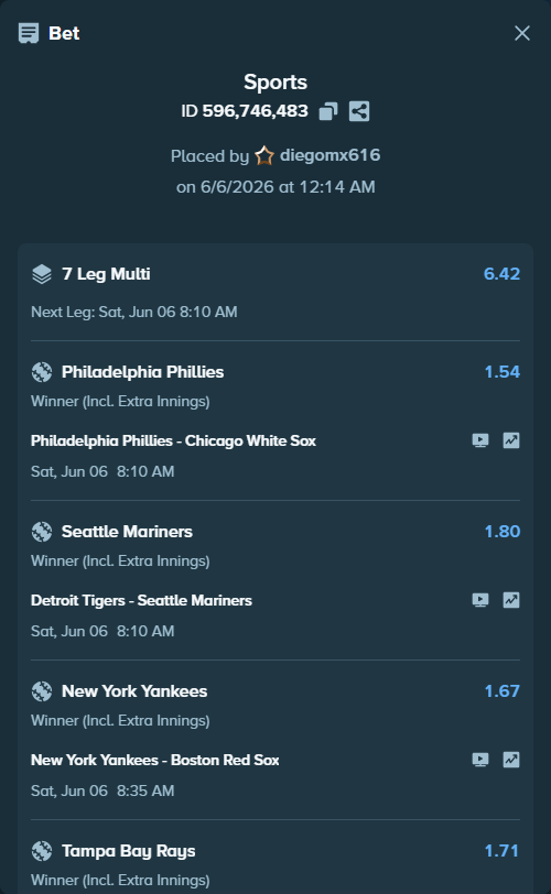 Bet slip: New York Yankees - Boston Red Sox, $10,000.00 stake at 1.67 odds, placed by diegomx616