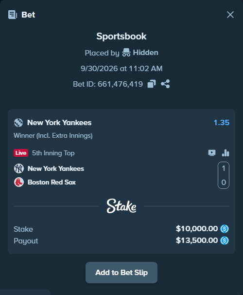 Bet slip: New York Yankees - Boston Red Sox, $10,000.00 stake at 1.35 odds, placed by Jannikyu