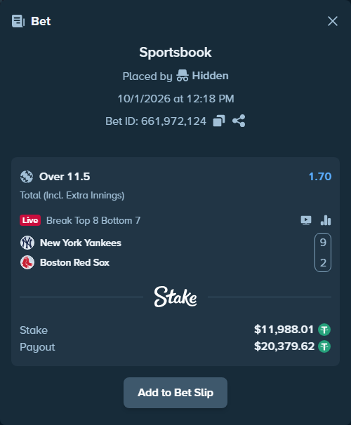 Bet slip: New York Yankees - Boston Red Sox, $12,000.00 stake at 1.70 odds, placed by Rovangood
