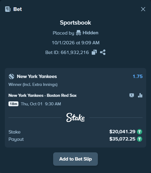 Bet slip: New York Yankees - Boston Red Sox, $20,061.33 stake at 1.75 odds, placed by nandonzr