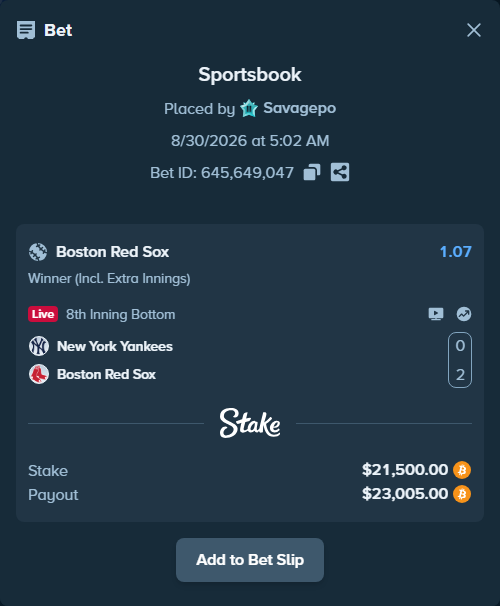 Bet slip: New York Yankees - Boston Red Sox, $21,448.51 stake at 1.07 odds, placed by Savagepo