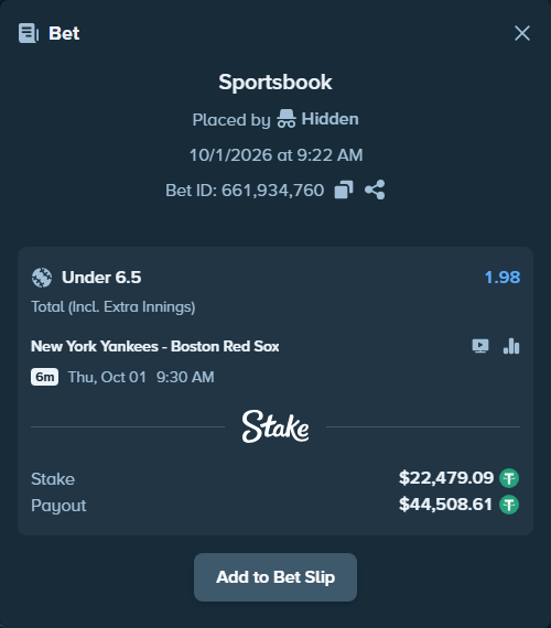 Bet slip: New York Yankees - Boston Red Sox, $22,501.57 stake at 1.98 odds, placed by Hidden
