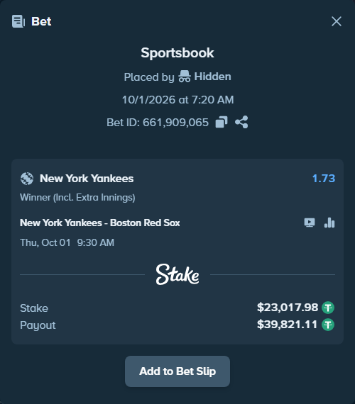 Bet slip: New York Yankees - Boston Red Sox, $23,041.00 stake at 1.73 odds, placed by Hidden