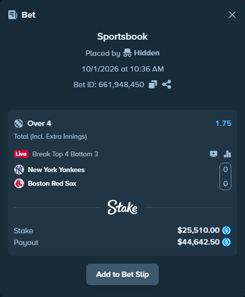 Bet slip: New York Yankees - Boston Red Sox, $25,510.00 stake at 1.75 odds, placed by Hidden