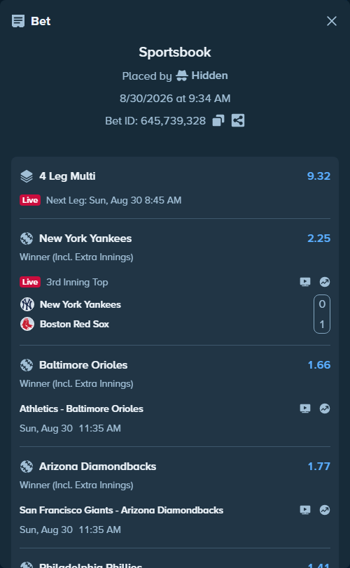 Bet slip: New York Yankees - Boston Red Sox, $30,000.00 stake at 2.25 odds, placed by Hidden
