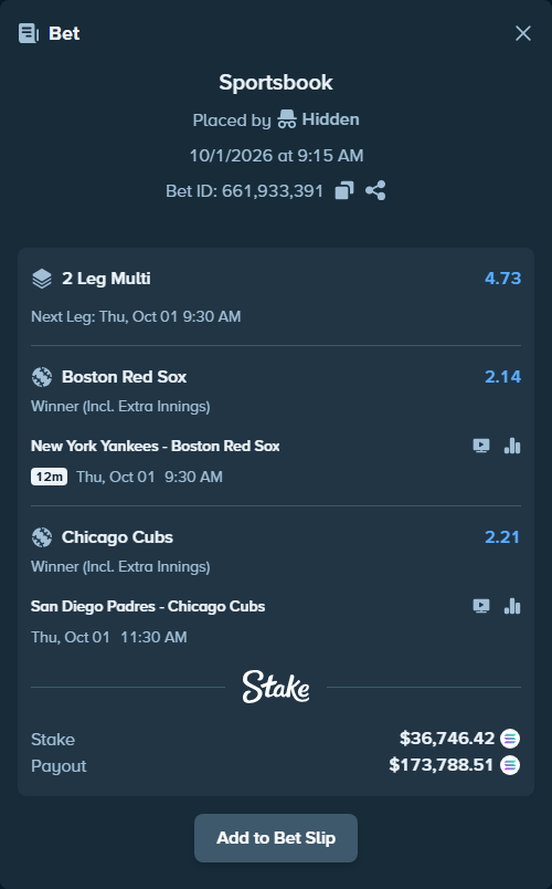 Bet slip: New York Yankees - Boston Red Sox, $37,058.34 stake at 2.14 odds, placed by Marvin123421