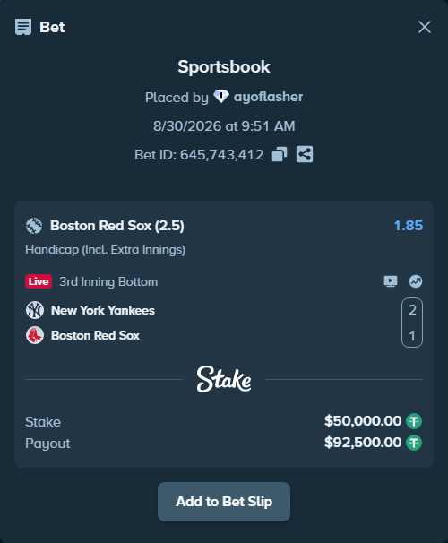 Bet slip: New York Yankees - Boston Red Sox, $50,000.00 stake at 1.85 odds, placed by ayoflasher