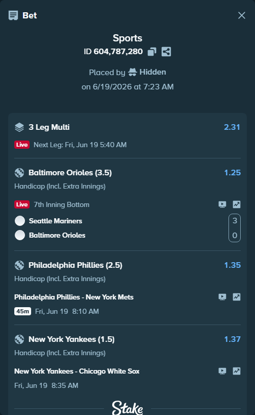 Bet slip: New York Yankees - Chicago White Sox, $14,800.00 stake at 1.37 odds, placed by Hidden