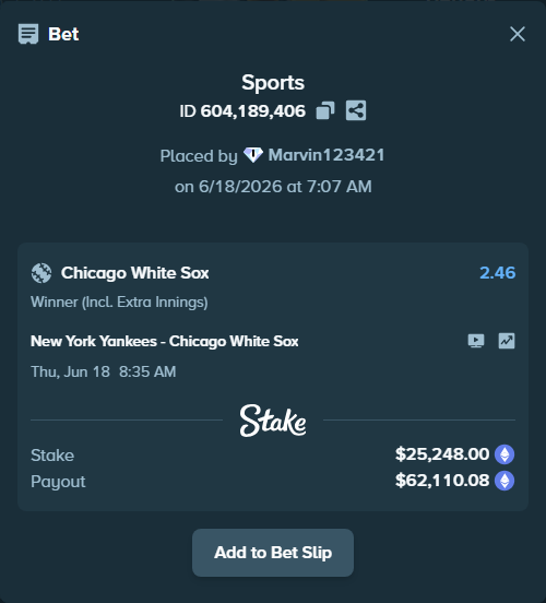 Bet slip: New York Yankees - Chicago White Sox, $22,884.87 stake at 2.46 odds, placed by Marvin123421