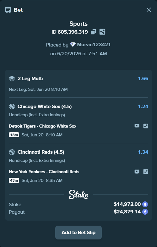 Bet slip: New York Yankees - Cincinnati Reds, $13,914.41 stake at 1.34 odds, placed by Marvin123421
